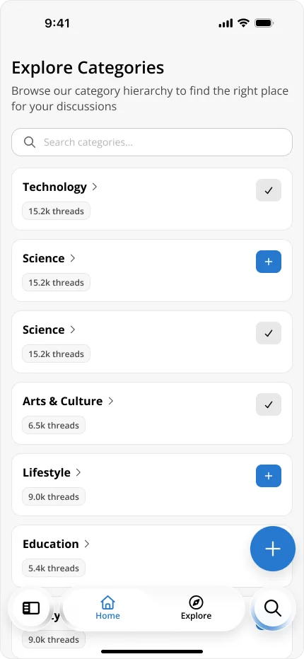 Mobile Explore Categories screen with nested publisher-defined categories and follow controls