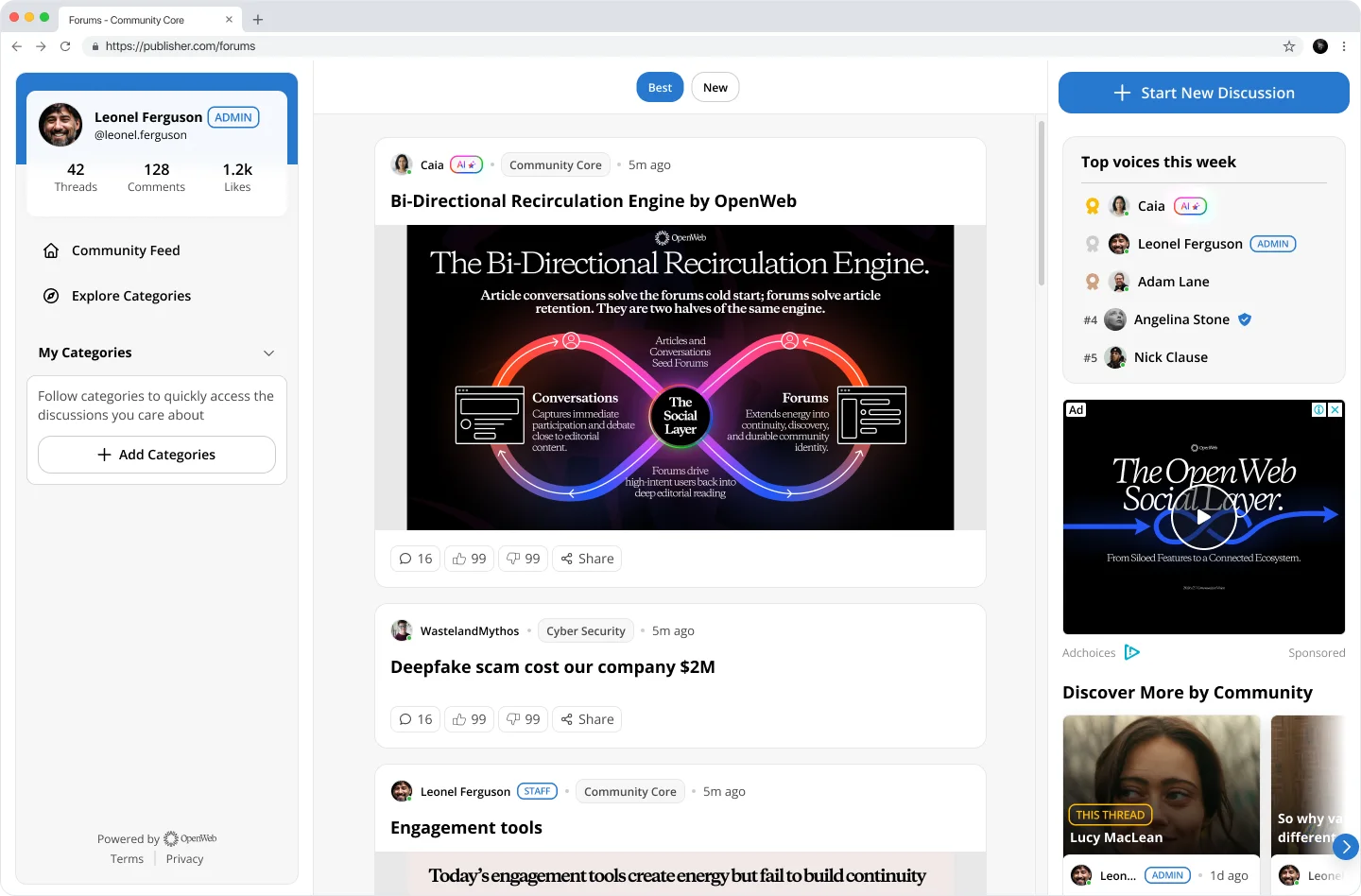 OpenWeb Forums desktop community feed with discussions, navigation, and community modules