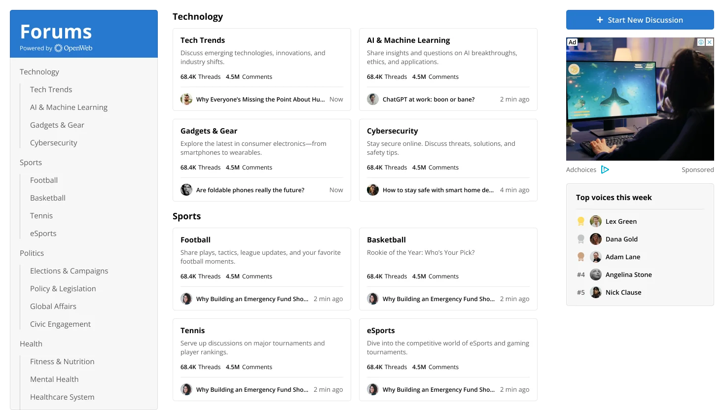 The first desktop Forums homepage, organized around category navigation before the feed-first redesign