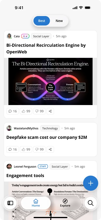 Redesigned mobile Forums community feed in the light theme