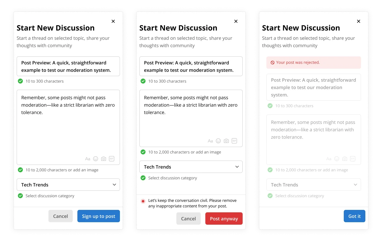 Three mobile screens showing discussion creation, an automated moderation warning, and a rejected post