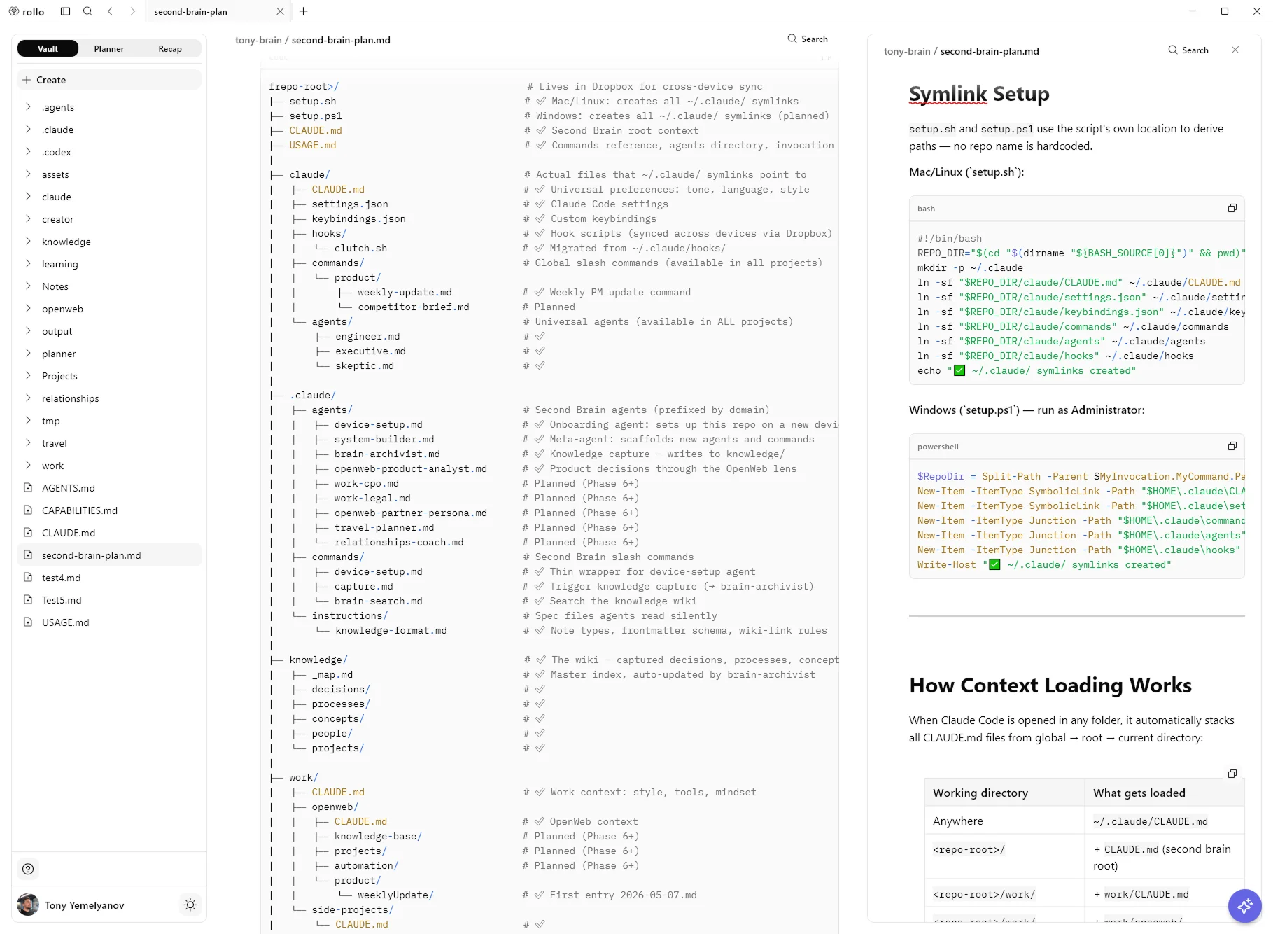 Rollo Markdown note shown in source and rendered views in the light theme
