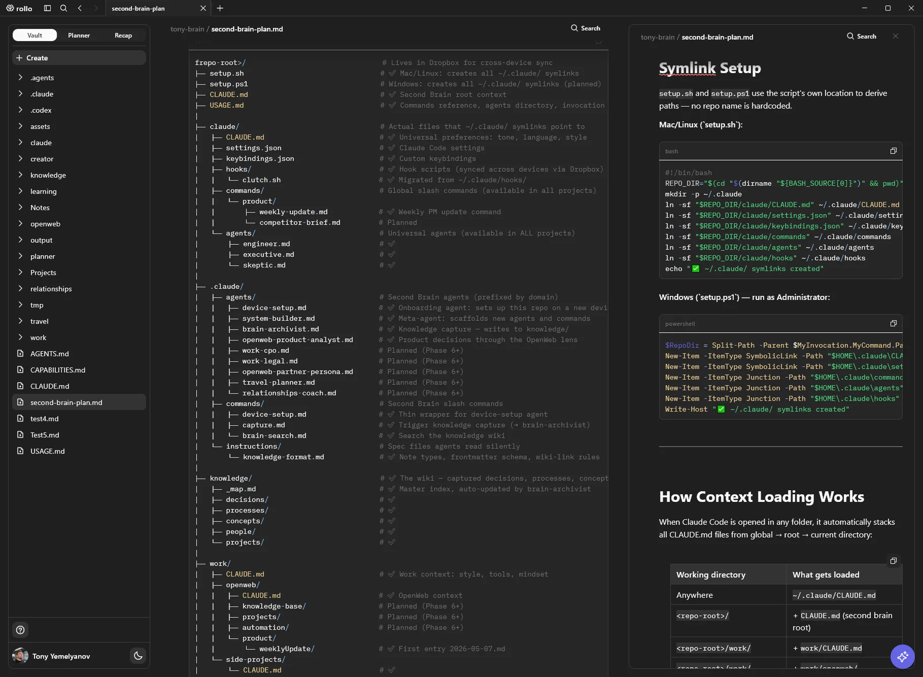 Rollo Markdown note shown in source and rendered views in the dark theme