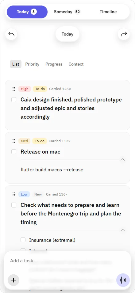 Rollo mobile Today view with prioritized tasks and subtasks